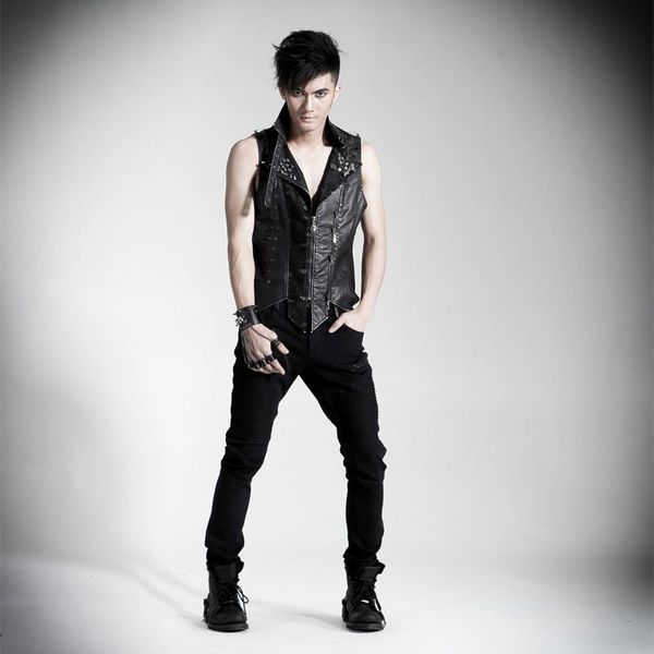 

fall-punk rave punk style black cool vest with rivet and zippers decorated, Black;white