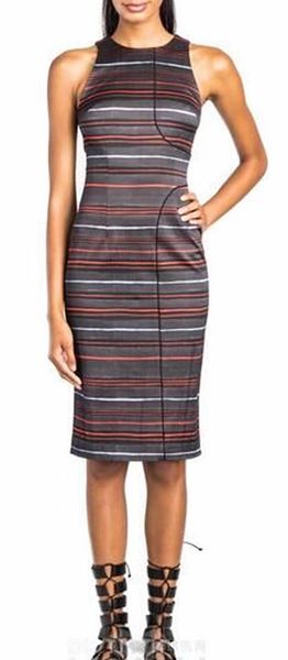 

strip print women sheath dress round neck sleeveless dresses 030315, Black;gray