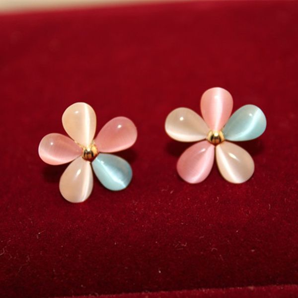 

cherry blossoms stud earrings gemstone earrings opal flower stud earrings fashion jewelry for women sale, Golden;silver
