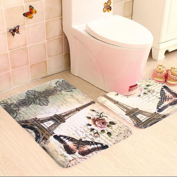 

wholesale- 2pcs soft paris eiffel tower bath mats pedestal rug cover set household carpets design bathroom decoration