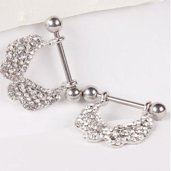 

stainless steel anti allergy 1.6*16*6/6mm nipple rings body jewelry puncture piercing jewelry wings with white rhinestone heart shape ring, Silver