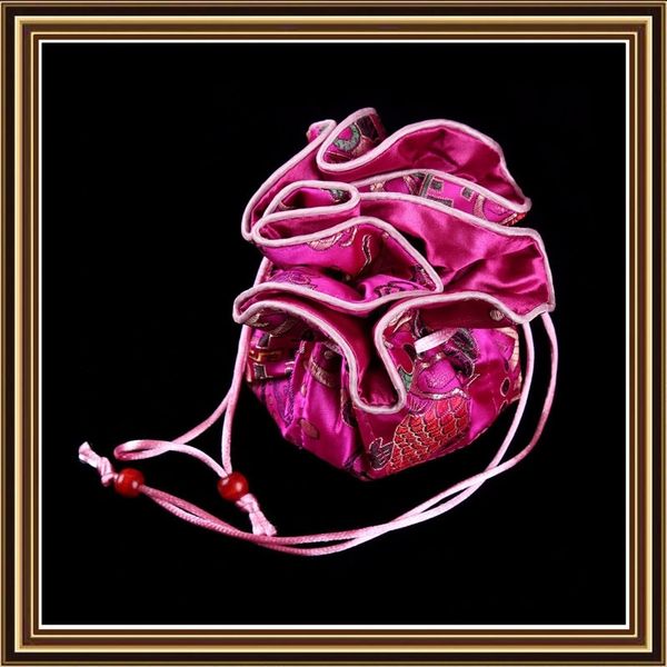 

luxury round bottom multi 8 ring jewellery bags and pouches necklace bracelet set drawstring gift packaging silk brocade cloth storage bag, Pink;blue