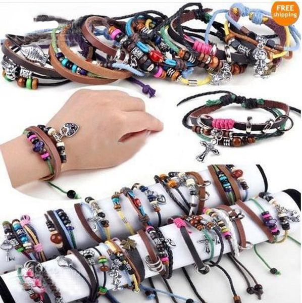 Ordine della miscela Multi stili 50 pezzi * Uomo Donna Pelle intrecciata / Cordoncino in vera pelle Perlina Croce Ciondolo a cuore Bracciale Braccialetto Canapa Surfer