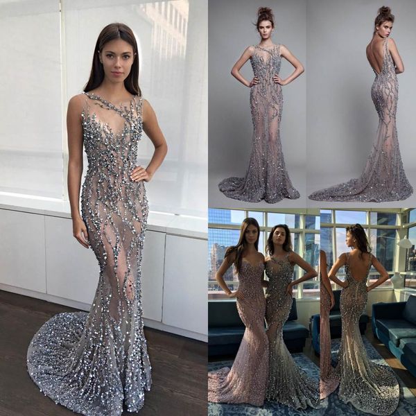 

роскошные berta 2019 русалка вечерние платья без спинки бисероплетение труба пром платья без рукавов кристалл блестки сексуальная иллюзия пл, Black;red