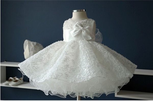 Edle weiße Chiffon-Taufe Taufkleid Neugeborene Baby Mädchen große Schleife Prinzessin Tutu Geburtstagskleider für Hochzeit298A