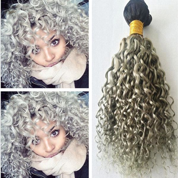 Two Tone Color 1b Gray Dark Root Ombre Peruvian Deep Curly Human Hair Weave Weft Extensions 3 Bundles Sliver Grey Ombre Hair Hair Extension Weft Weft