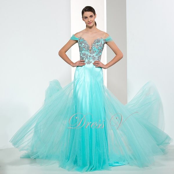 

2019 Ice Blue Off-the-Shoulder Mermaid Evening Dresses Sequins Keyhole Back Sheer Formal Dress Short Sleeves Party Prom Gowns Custom Made