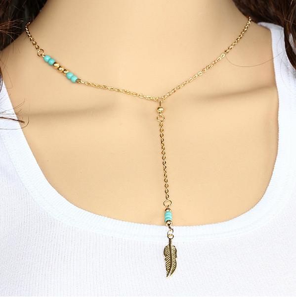 

women necklace jewelry fashion vintage turquoise beads gold plated alloy feather pendant necklaces, Silver