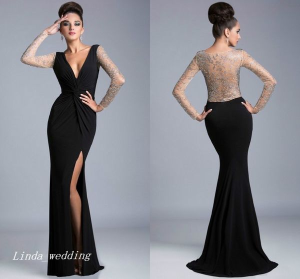 

black sheer evening dress deep v neck side slit long sleeves beading prom party dress formal event gown, Black;red