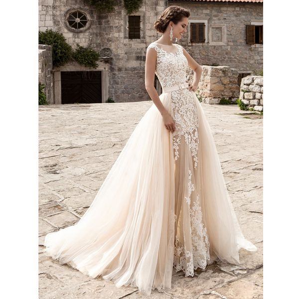 

new arrival dress appliques lace mermaid detachable train wedding dresses vestidos de novia cap sleeve bridal gowns, White