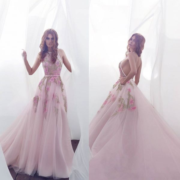 

паоло себастьян 2018 линия розовый пром платья спинки холтер шеи цветок вышивка рукавов вечернее платье старинные длинные платья партии, Black