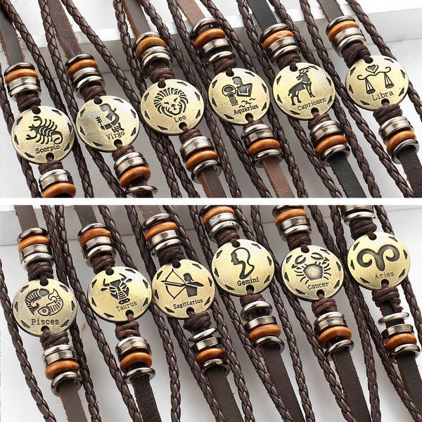 

Twelve con tellation zodiac retro brown multi layer buckle punk woven leather bracelet 12pc lot