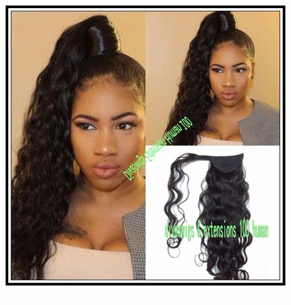 

wavy ponytail hairpiece clip in human wrap around curly drawstring poytail hair extension 120g 4 colors ship, Black