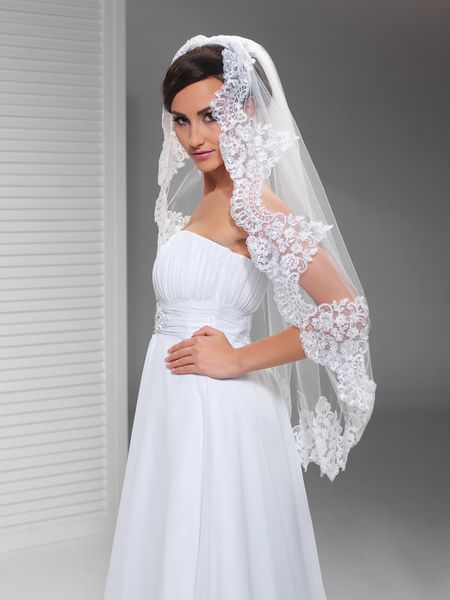 

new fashion real image beautiful lace applique edge 1t with comb lvory white elbow wedding veil bridal veils, Black