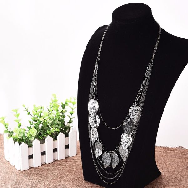 

wholesale-bohemian style leaf pendant necklace long sweater chain statement necklace, Silver