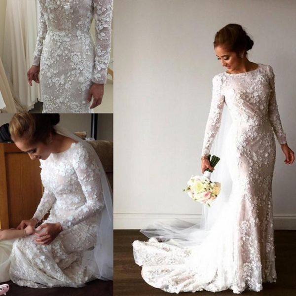 

muslim mermaid wedding dresses with 3d appliques beads count train lace wedding dress custom made elegant long sleeves bridal gowns, White