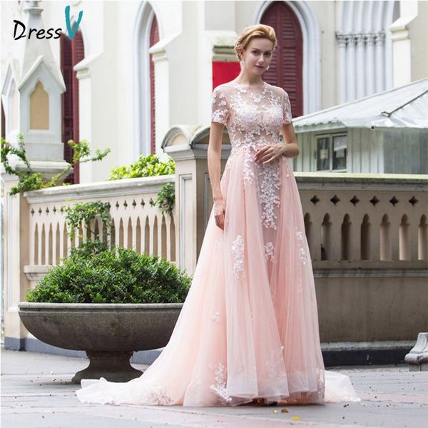 

2019 pink appliques A-line short sleeves evening dress scoop neck court train prom dress formal dress long tulle evening dresses Cheap