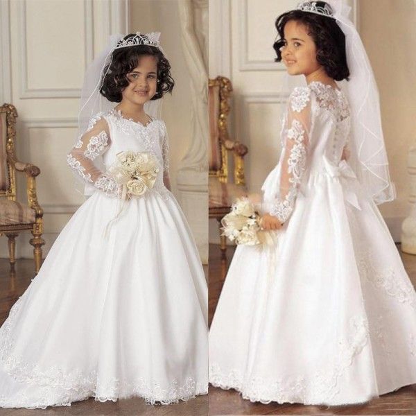 Modest Flower Girls Abiti per matrimoni Illusion Maniche lunghe Abiti da sposa per bambini Abiti da spettacolo per bambini con applicazioni in pizzo Sweep Train