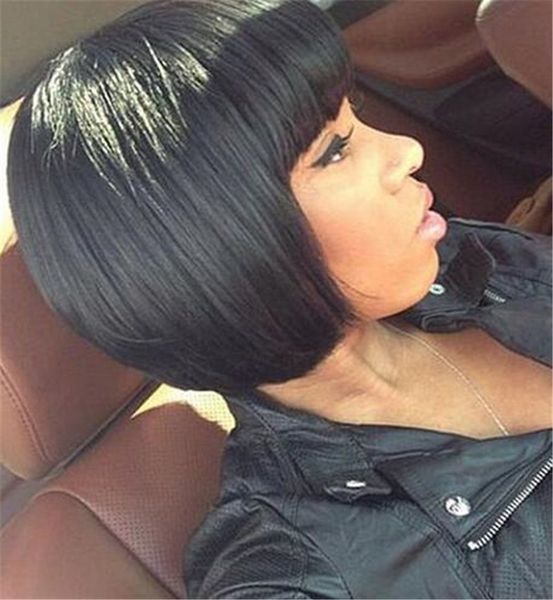 2015 Human Hair Full Lace Wig Short Bob With Full Bangs Brazilian
