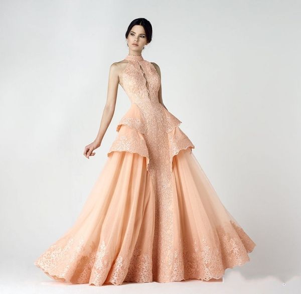 

gorgeous light coral lace halter prom dresses 2016 sleeveless applique tiered a line evening gowns backless floor length formal party dress, Black