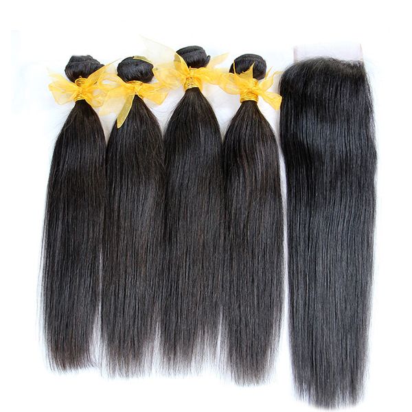 

5Pcs Lot Malaysian Straight Virgin Human Hair With Closure 8A Unprocessed Hair Weaves 4 Bundles Add 1Pc Lace Closures Natural Black Dyeable