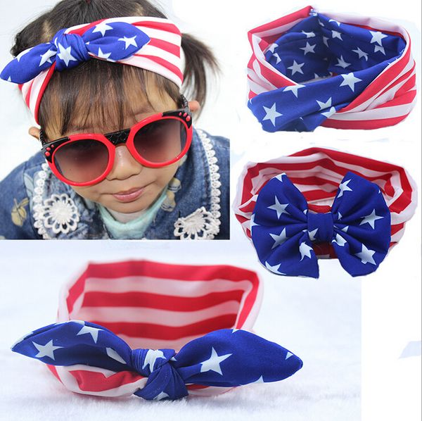 

baby american flag pentagram rabbit ears korean cross headbands kids hair bows headdress hair band headwrap turban children hair accessories, Slivery;white