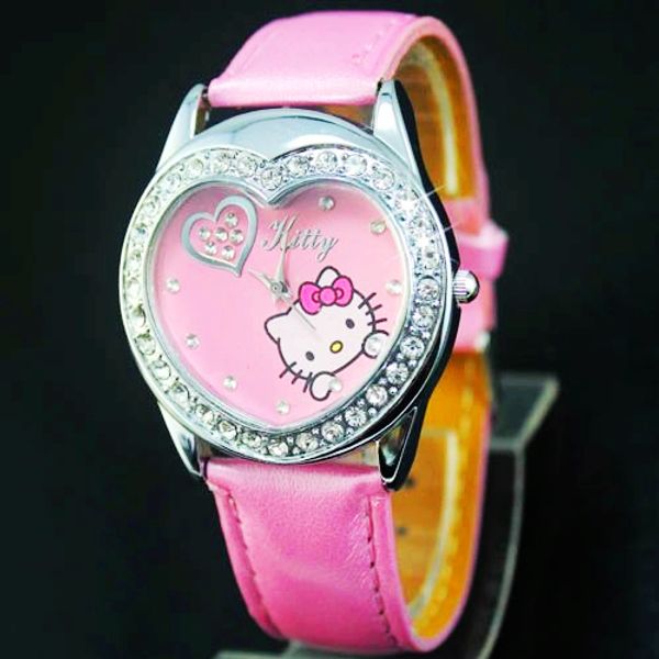 

Мода женщины девушка Hello kitty KT cat стиль в форме сердца циферблат Кожаный ремешок на