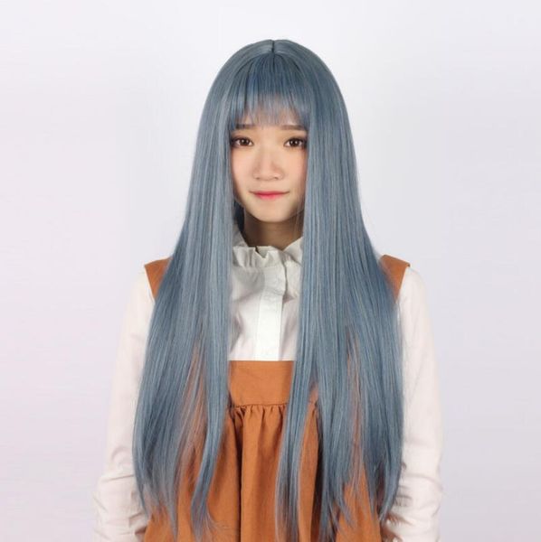 

100% new fashion picture wigs>>fashion women's lolita party blue gray long straight cosplay synthetic hair wigs, Black