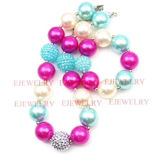 

fashion jewelry pink white blue pearl beads silver blue rhinestone beads chunky girl bubblegum kids necklace&bracelet set