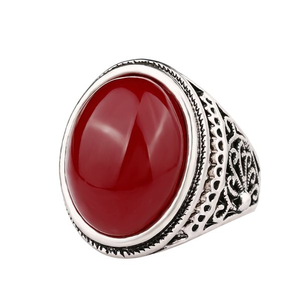 

round gem ring red & black classic jewelry rattan flowe pattern simple style silver men gifts dc04