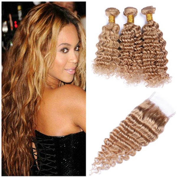 Virgem Malaio Cabelo Humano Mel Loira Tecer Bundles Onda Profunda com # 27 Morango Loira 4x4 Laço Frontal Encerramento Ondulado Profundo 4 Pcs Lot