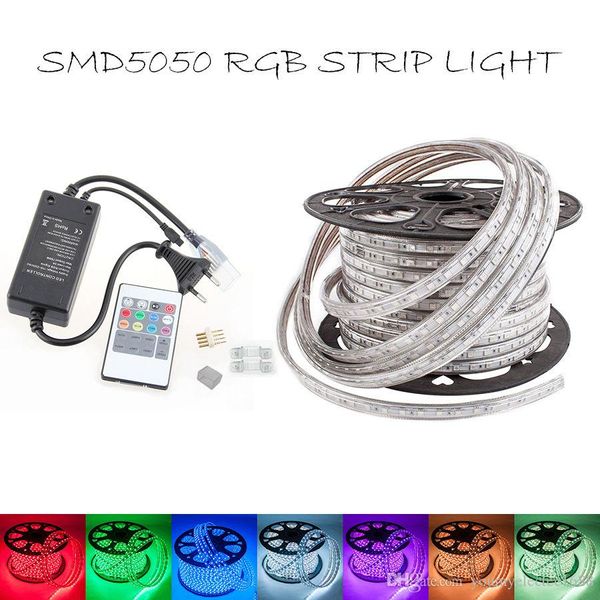 HEIßER 10 M 20 M 30 M 40 M 50 M 110 V/220 V Hohe Spannung SMD 5050 RGB Led Streifen Lichter Wasserdicht + IR Fernbedienung + Netzteil