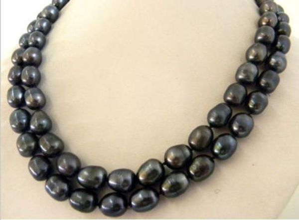 

2 row 10-12mm natural south sea black pearl necklace 17-18" 14k yellow clasp, Silver