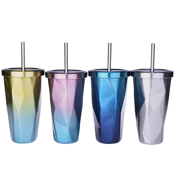 

rainbow gradient color cups diamonds vacuum insulation cups with straws stainless steel double wall cups wholesale dhl