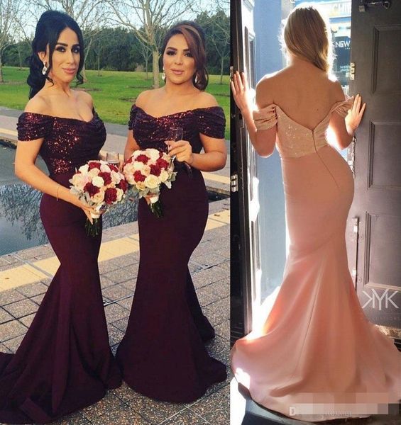 

2019 burgundy с плеча mermaid длинные платья невесты игристые sequined лучшие свадебные платья для гостей blush pink maid чести gowns, White;pink
