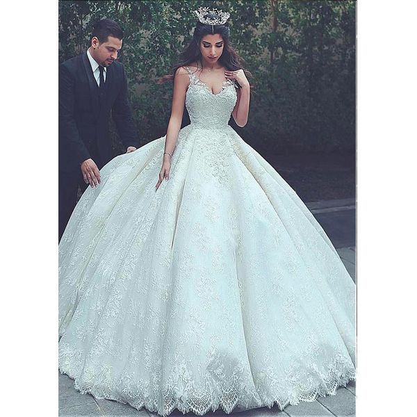 

princess lace ball gown wedding dresses v-neck sheer straps appliques lace floor length bridal gowns vestido de novia, White