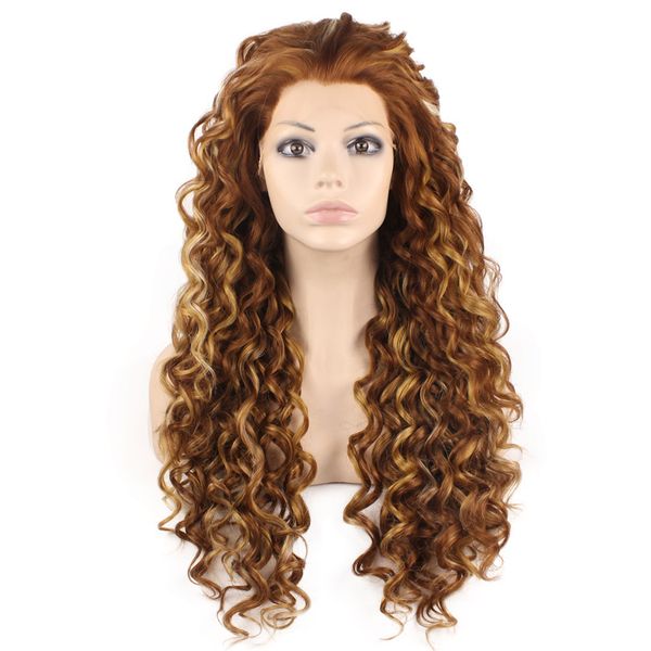 

long curly highlight auburn heat safe fiber hair lace front wig, Black
