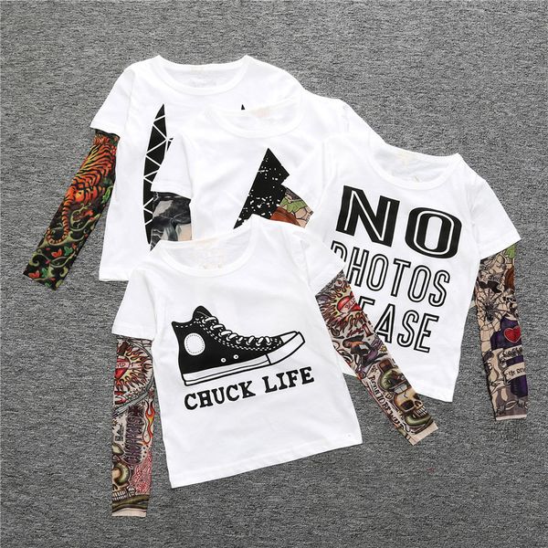 Ins Kids baby roupas meninos meninas manga longa t-shirt patchwork hip hop moda tatuagem manga tops camisetas roupas crianças crianças