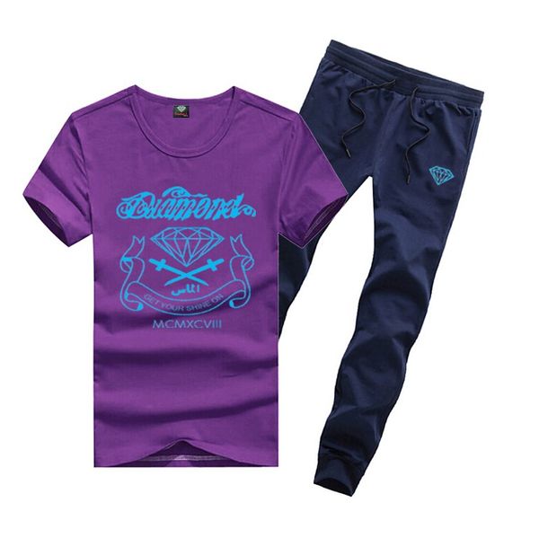 

d3222 s-5xl tracksuits new men leisure diamond supply t-shirt and long pants suit o-neck elastic waist, Gray