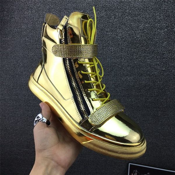 

brand designer zapatos hombre round toe men hip hop sneakers gold chains men casual shoes high sneakers, Black
