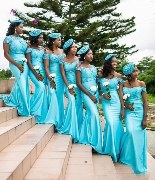 Südafrikanisches Meerjungfrau-Brautjungfernkleid, türkisfarbenes Juwel, schulterfreies Brautjungfernkleid aus Satin, arabisches Hochzeitsgastkleid