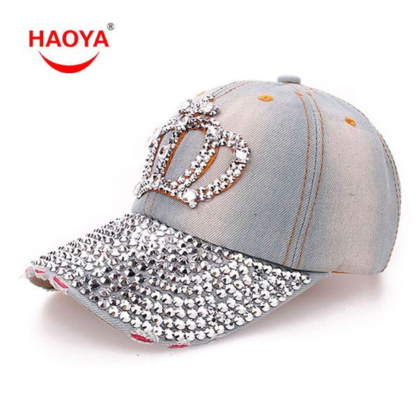 

wholesale- haoya 1pcs fashion diamond point imperial crown denim caps women baseball cap girls hat rhinestone print 2 colors, Blue;gray
