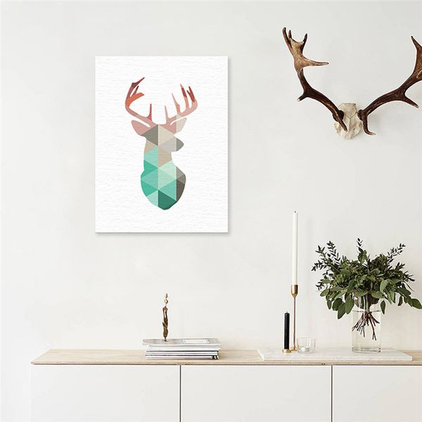Geometric Coral Framed Deer Head Canvas Art Print Poster With