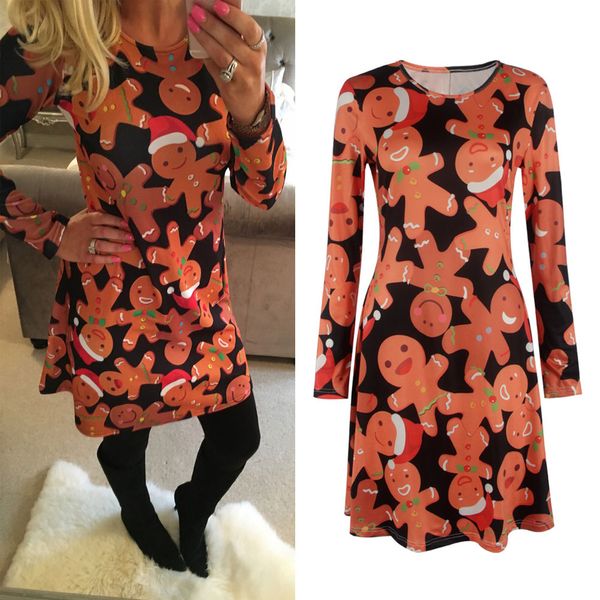 

Ladies A-Line Long Sleeved Gingerbread Man Christmas Print Flared A-Line Skater Short Dress Womens Cocktail Party Swing Dresses Clubwear