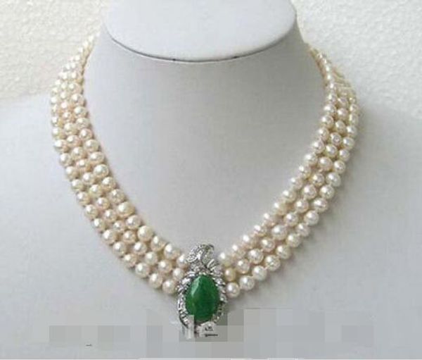 

3 rows genuine 7-8mm white pearl emerald jade pendant necklace, Silver