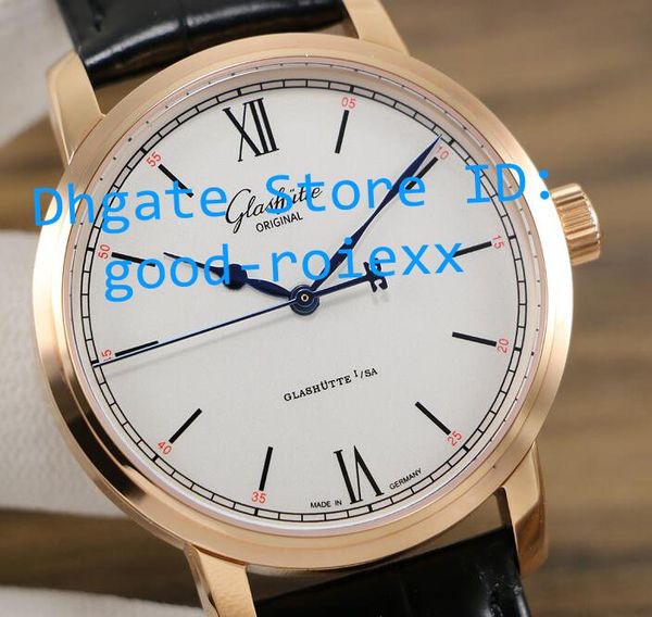 

mens automatic cal.39-59 rose gold watch white dial senator watches men calf leather glashutte transparent sapphire wristwatches, Slivery;brown