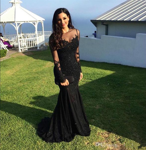 

saudi arabic sheer neck lace evening dresses sequin see through mermaid evening gowns long sleeve applique dubai arabian party dresses prom, Black;red