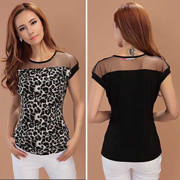 

summer t-shirts lady neck short sheer mesh wholesale- slim sleeve punk rock crew leopard buvhd, Black