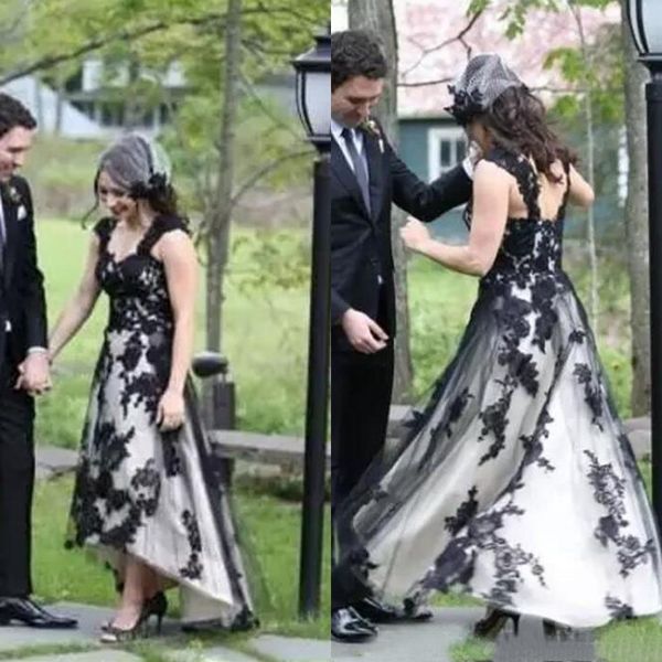 

2017 vintage black and white tea length wedding dresses scoop capped sleeve lace applique high low bridal gowns custom en11062