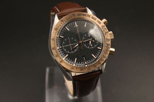 

watch men quartz chronograph sea master black dial ocean satch rose gold bezel fluted case watches, Slivery;brown